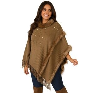 *NWT* Northern Angel Plus Poncho‎ Womens 0X/1X Brown Faux Fur Pearl Fringe Cape